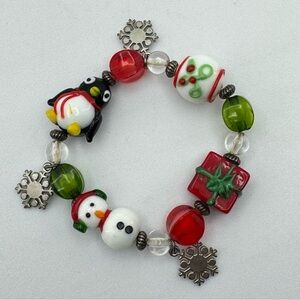 Christmas Glass Bead Stretch Bracelet Snowman Penguin Holiday Charm